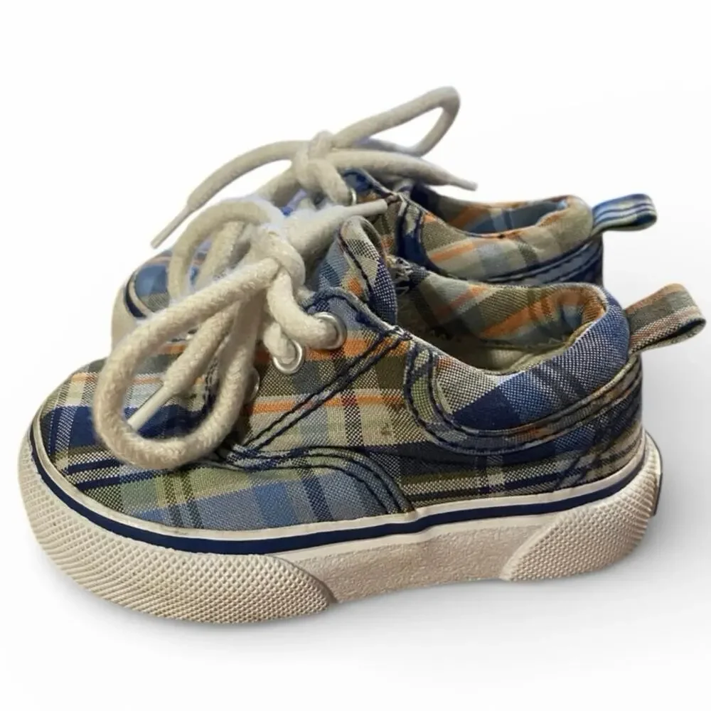 Baby Gap Boy's Tennis Shoes Toddler 5 Blue White Plaid Preppy Canvas Sneakers